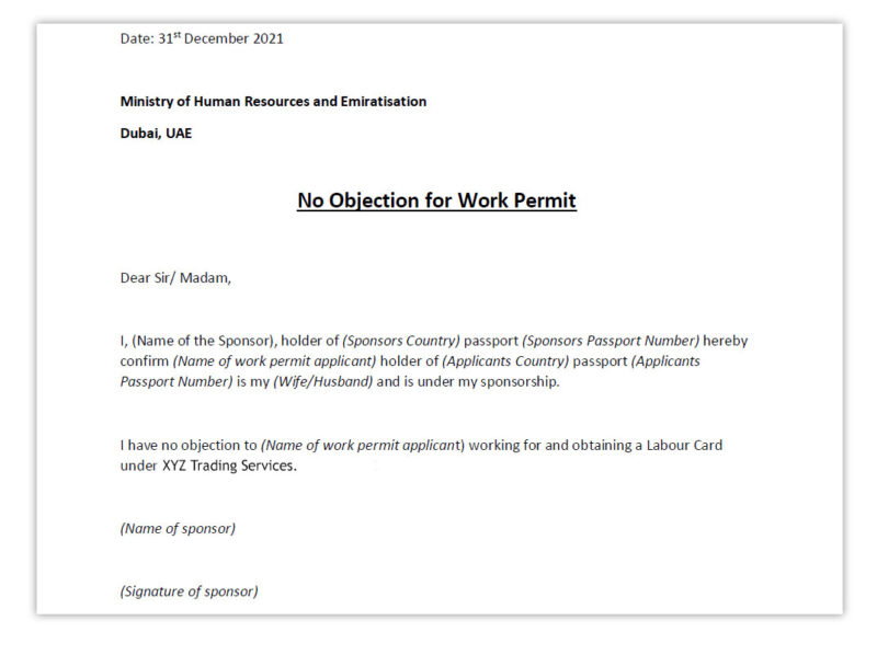 UAE NOC Sponsor Letter For Immigration Relocation